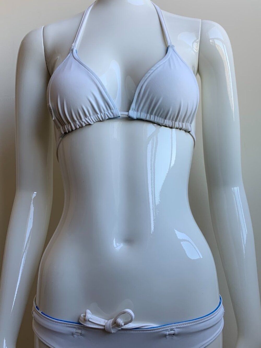 Aaron Chang blue white reversible plumeria belted bikini
